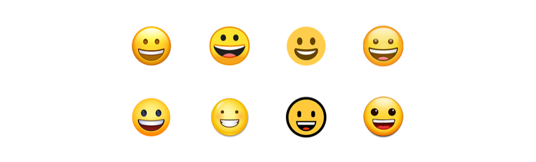 由 Apple、Google、Twitter、WhatsApp、Facebook、LG、Microsoft 和 Samsung 实现的笑脸 emoji (自左上角顺时针排列)