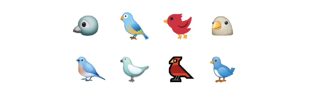 由 Apple、Google、Twitter、WhatsApp、Facebook、LG、Microsoft 和 Samsung 实现的小鸟 emoji (自左上角顺时针排列)